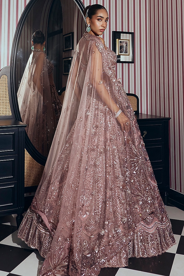Dusty Mauve Net & Bamberg Silk Sequin Floral Embroidered Bridal Lehenga Set by Adaara Couture at Pernia's Pop Up Shop