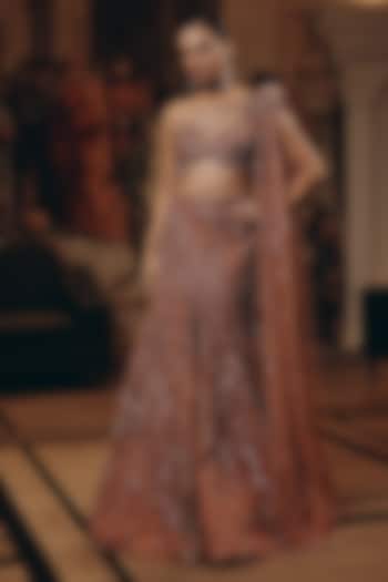 Rose Gold Net & Bamberg Silk Embroidered Bridal Lehenga Set by Adaara Couture at Pernia's Pop Up Shop