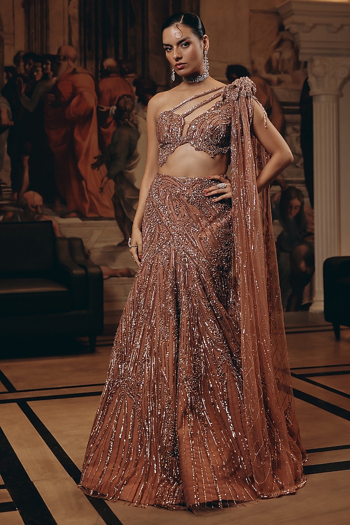 Rose Gold Net & Bamberg Silk Embroidered Bridal Lehenga Set by Adaara Couture at Pernia's Pop Up Shop