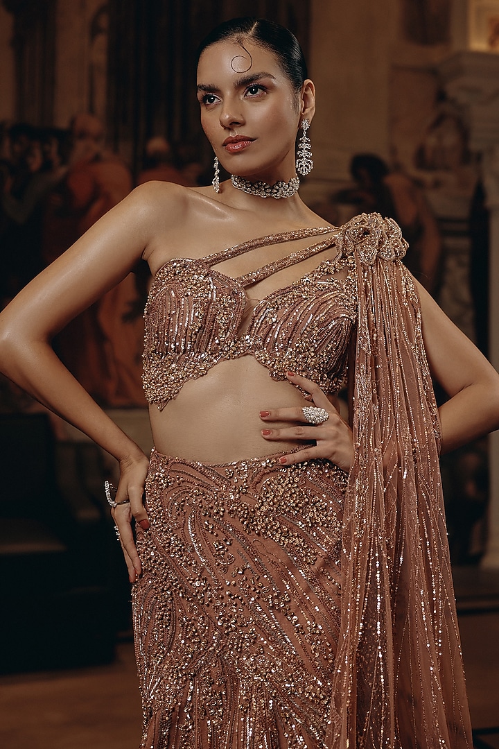 Rose Gold Net & Bamberg Silk Embroidered Bridal Lehenga Set by Adaara Couture at Pernia's Pop Up Shop