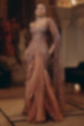 Rose Gold Net & Satin Organza Hand Embroidered Draped Ruffled Reception Saree Set by Adaara Couture at Pernia's Pop Up Shop