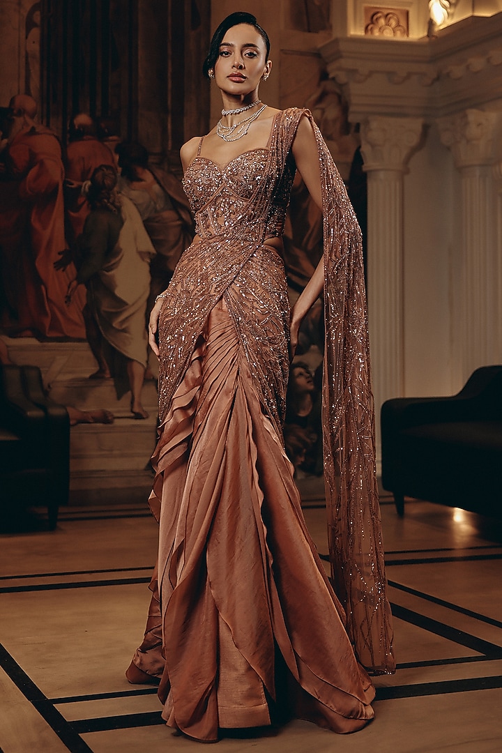Rose Gold Net & Satin Organza Hand Embroidered Draped Ruffled Reception Saree Set by Adaara Couture at Pernia's Pop Up Shop