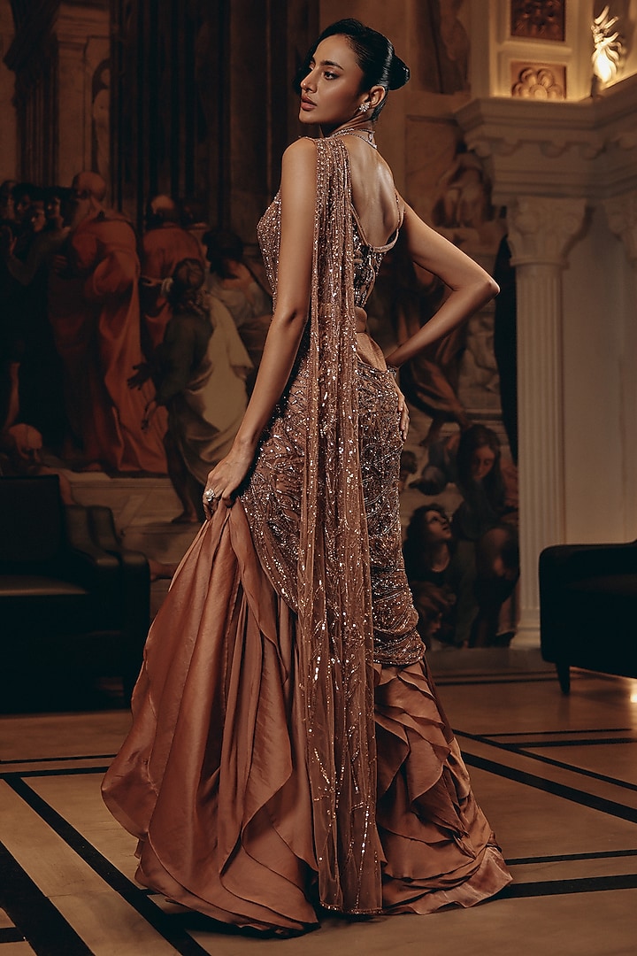 Rose Gold Net & Satin Organza Hand Embroidered Draped Ruffled Reception Saree Set by Adaara Couture at Pernia's Pop Up Shop