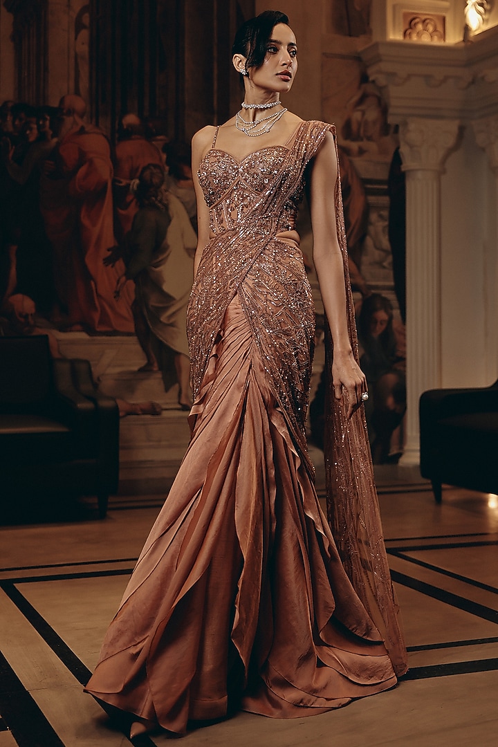 Rose Gold Net & Satin Organza Hand Embroidered Draped Ruffled Reception Saree Set by Adaara Couture at Pernia's Pop Up Shop