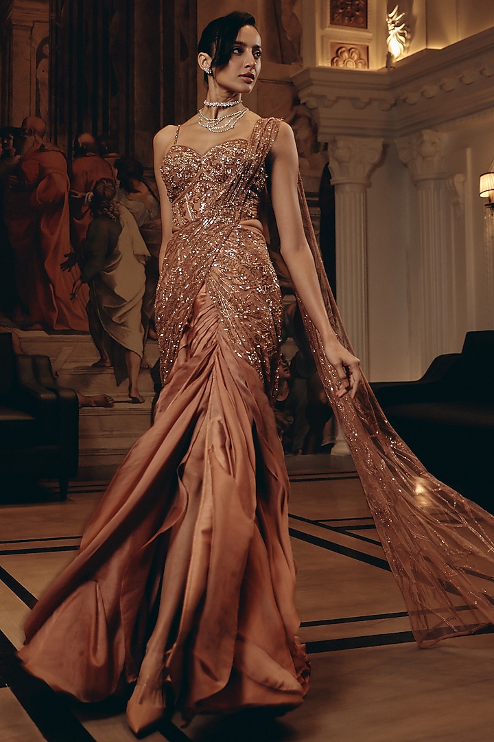 Rose Gold Net & Satin Organza Hand Embroidered Draped Ruffled Reception Saree Set by Adaara Couture at Pernia's Pop Up Shop