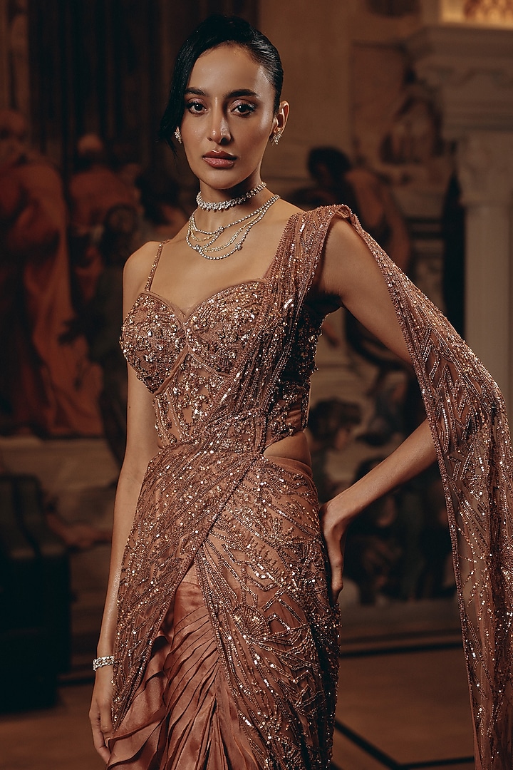 Rose Gold Net & Satin Organza Hand Embroidered Draped Ruffled Reception Saree Set by Adaara Couture at Pernia's Pop Up Shop