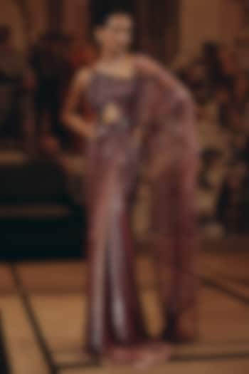 Berry Blush Net & Luxe Satin Embroidered Cut-Out Reception Saree Set by Adaara Couture at Pernia's Pop Up Shop