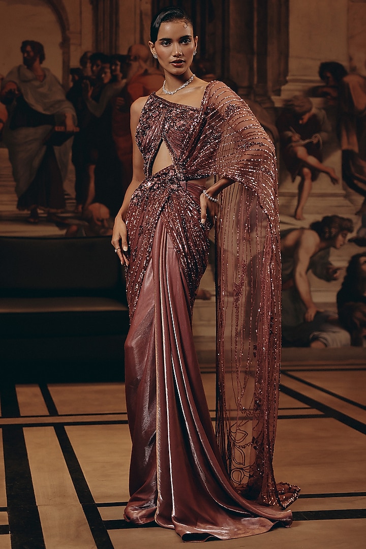 Berry Blush Net & Luxe Satin Embroidered Cut-Out Reception Saree Set by Adaara Couture at Pernia's Pop Up Shop