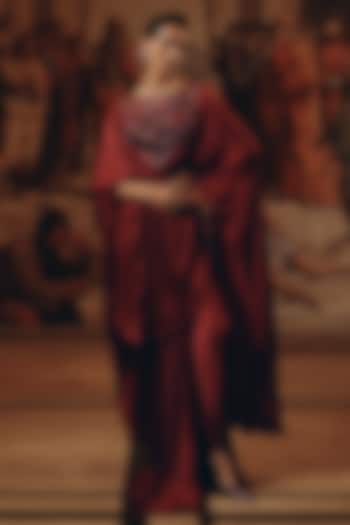 Burgundy Net & Satin Chiffon Hand Embroidered Kaftan Set by Adaara Couture at Pernia's Pop Up Shop