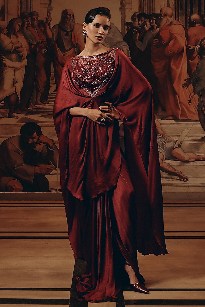 Burgundy Net & Satin Chiffon Hand Embroidered Kaftan Set by Adaara Couture at Pernia's Pop Up Shop