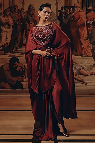 Burgundy Net & Satin Chiffon Hand Embroidered Kaftan Set by Adaara Couture