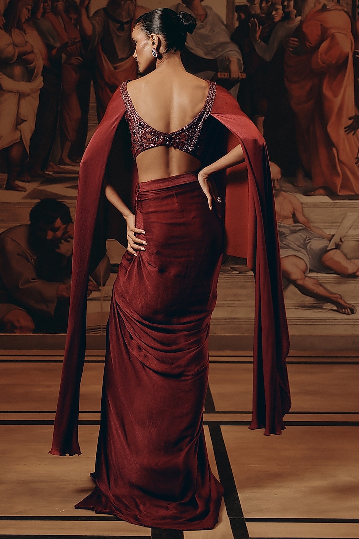 Burgundy Net & Satin Chiffon Hand Embroidered Kaftan Set by Adaara Couture at Pernia's Pop Up Shop