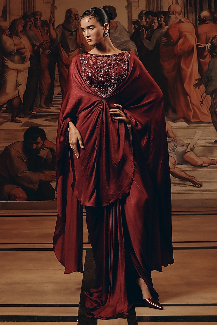 Burgundy Net & Satin Chiffon Hand Embroidered Kaftan Set by Adaara Couture at Pernia's Pop Up Shop