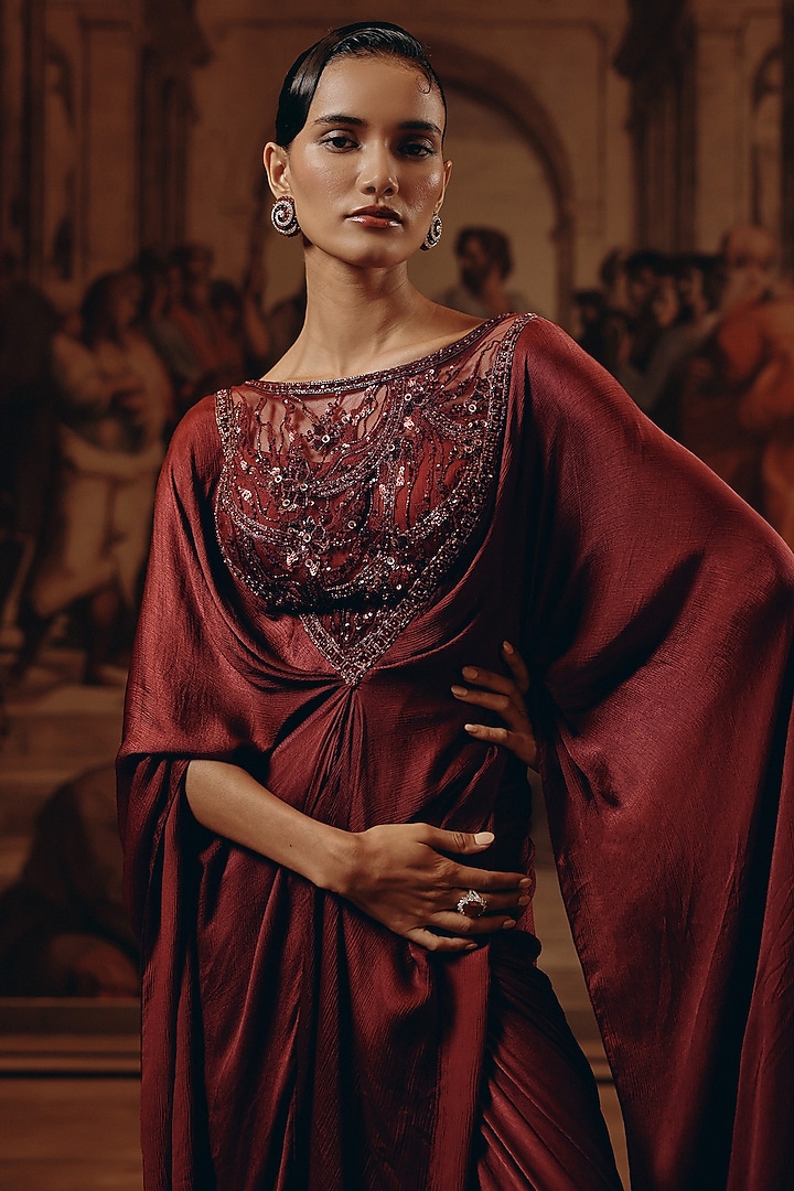 Burgundy Net & Satin Chiffon Hand Embroidered Kaftan Set by Adaara Couture at Pernia's Pop Up Shop