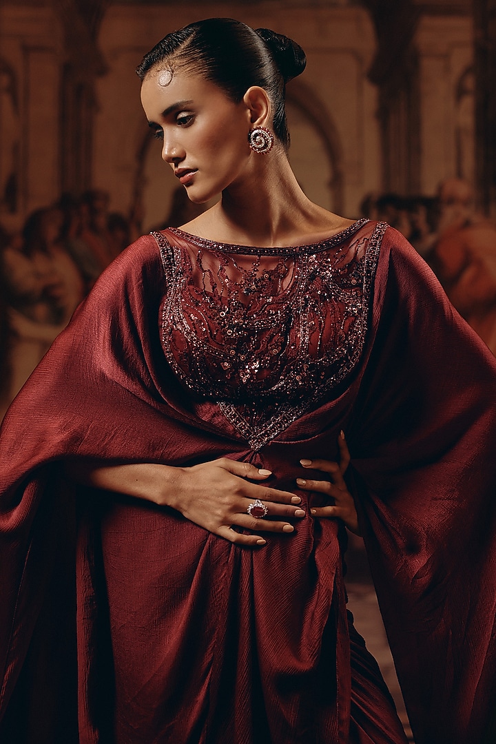 Burgundy Net & Satin Chiffon Hand Embroidered Kaftan Set by Adaara Couture at Pernia's Pop Up Shop