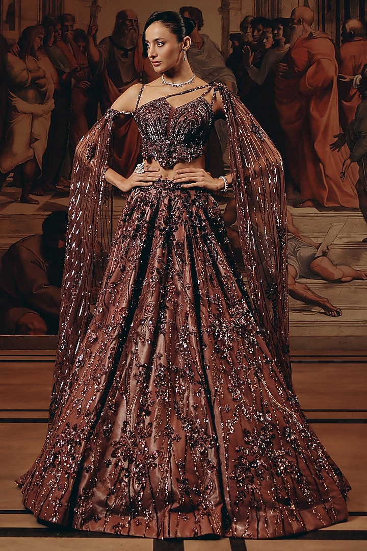 Berry Blush Net & Luxe Satin Embroidered Bridal Lehenga Set by Adaara Couture at Pernia's Pop Up Shop