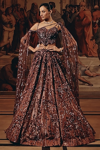Berry Blush Net & Luxe Satin Embroidered Lehenga Set by Adaara Couture