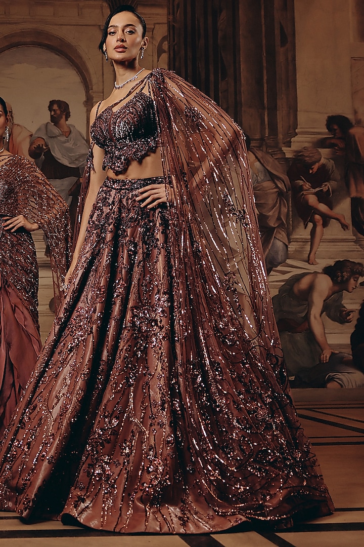 Berry Blush Net & Luxe Satin Embroidered Bridal Lehenga Set by Adaara Couture at Pernia's Pop Up Shop