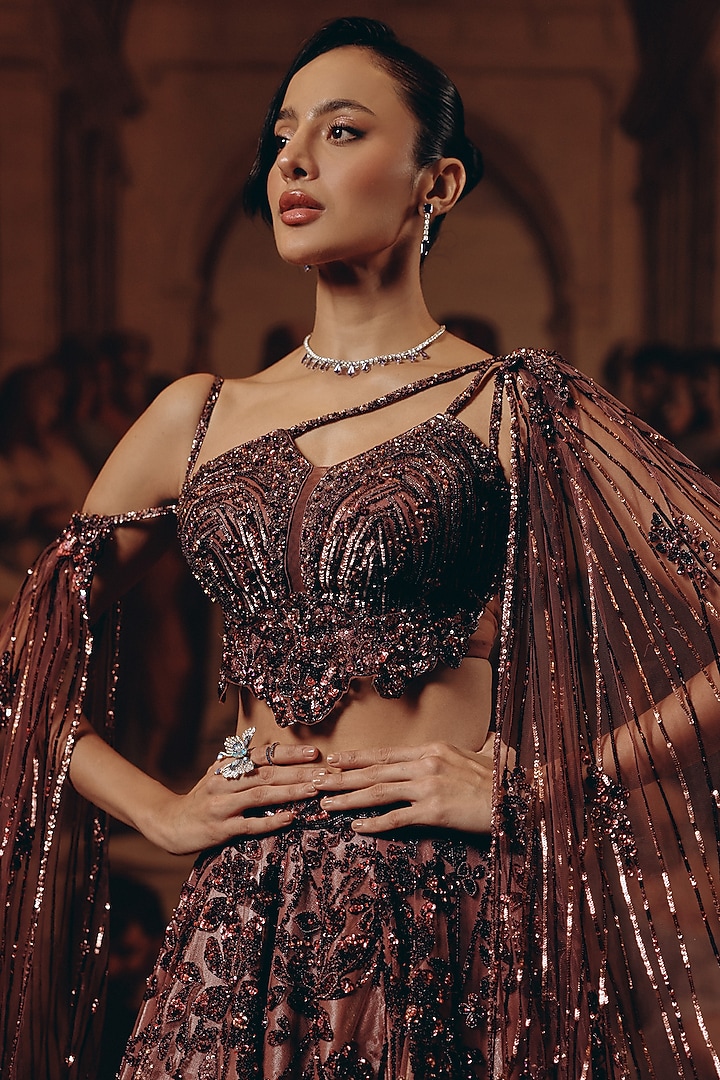 Berry Blush Net & Luxe Satin Embroidered Bridal Lehenga Set by Adaara Couture at Pernia's Pop Up Shop
