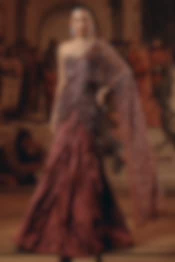 Oxblood-Colored Net & Satin Organza Embroidered Ruffled Reception Saree by Adaara Couture at Pernia's Pop Up Shop