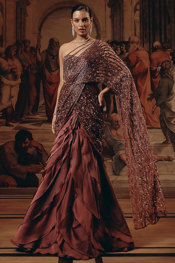 Oxblood-Colored Net & Satin Organza Embroidered Ruffled Reception Saree by Adaara Couture at Pernia's Pop Up Shop