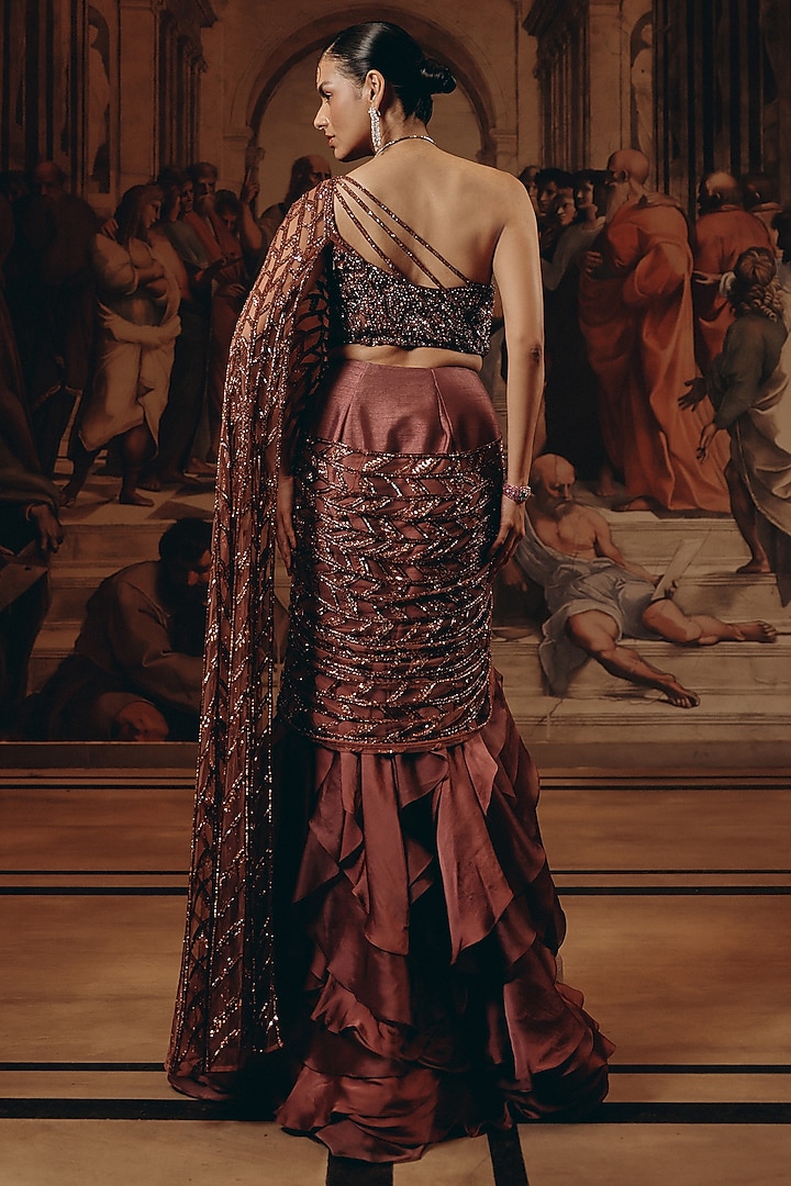 Oxblood-Colored Net & Satin Organza Embroidered Ruffled Reception Saree by Adaara Couture at Pernia's Pop Up Shop
