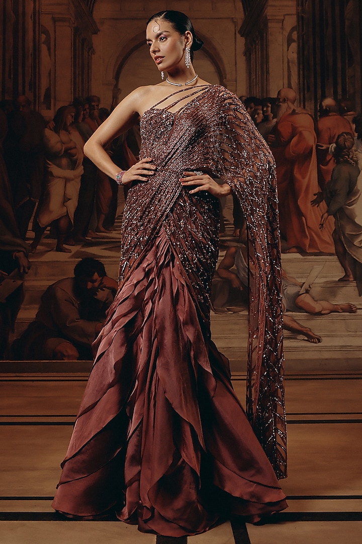 Oxblood-Colored Net & Satin Organza Embroidered Ruffled Reception Saree by Adaara Couture at Pernia's Pop Up Shop