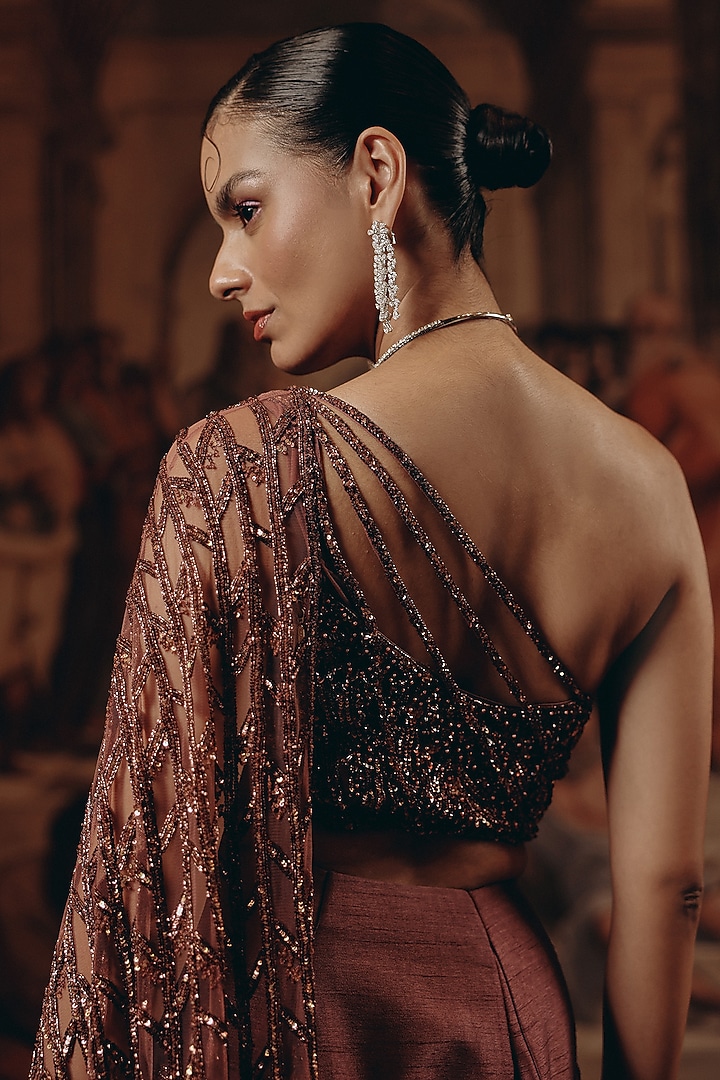 Oxblood-Colored Net & Satin Organza Embroidered Ruffled Reception Saree by Adaara Couture at Pernia's Pop Up Shop