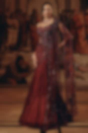 Burgundy Net & Satin Chiffon Hand Embroidered Draped Reception Saree by Adaara Couture at Pernia's Pop Up Shop