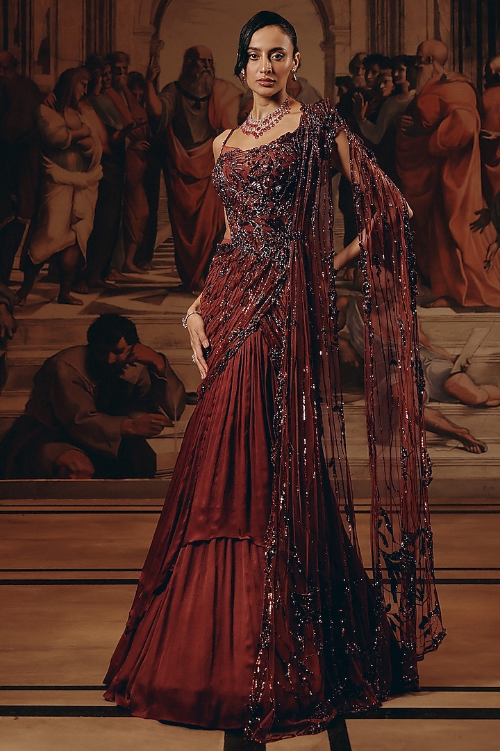 Burgundy Net & Satin Chiffon Hand Embroidered Draped Reception Saree by Adaara Couture at Pernia's Pop Up Shop