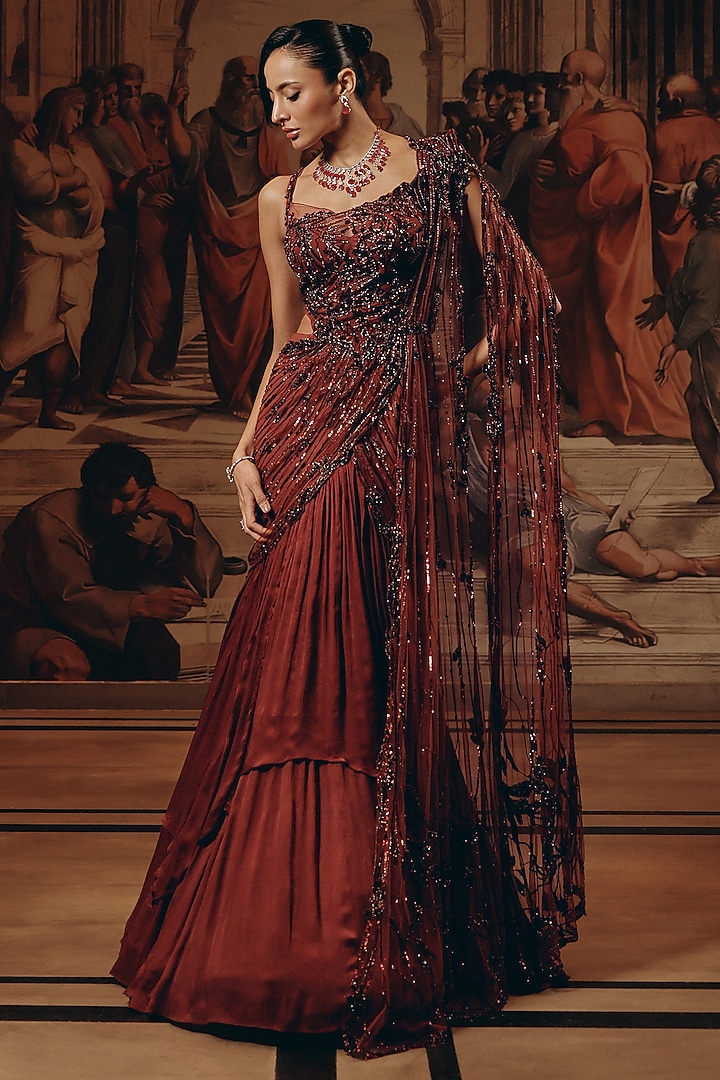 Burgundy Net & Satin Chiffon Hand Embroidered Draped Reception Saree by Adaara Couture at Pernia's Pop Up Shop