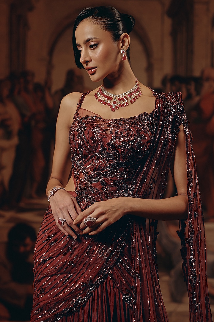 Burgundy Net & Satin Chiffon Hand Embroidered Draped Reception Saree by Adaara Couture at Pernia's Pop Up Shop