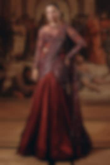 Burgundy Net & Satin Chiffon Embroidered Draped Reception Saree by Adaara Couture at Pernia's Pop Up Shop