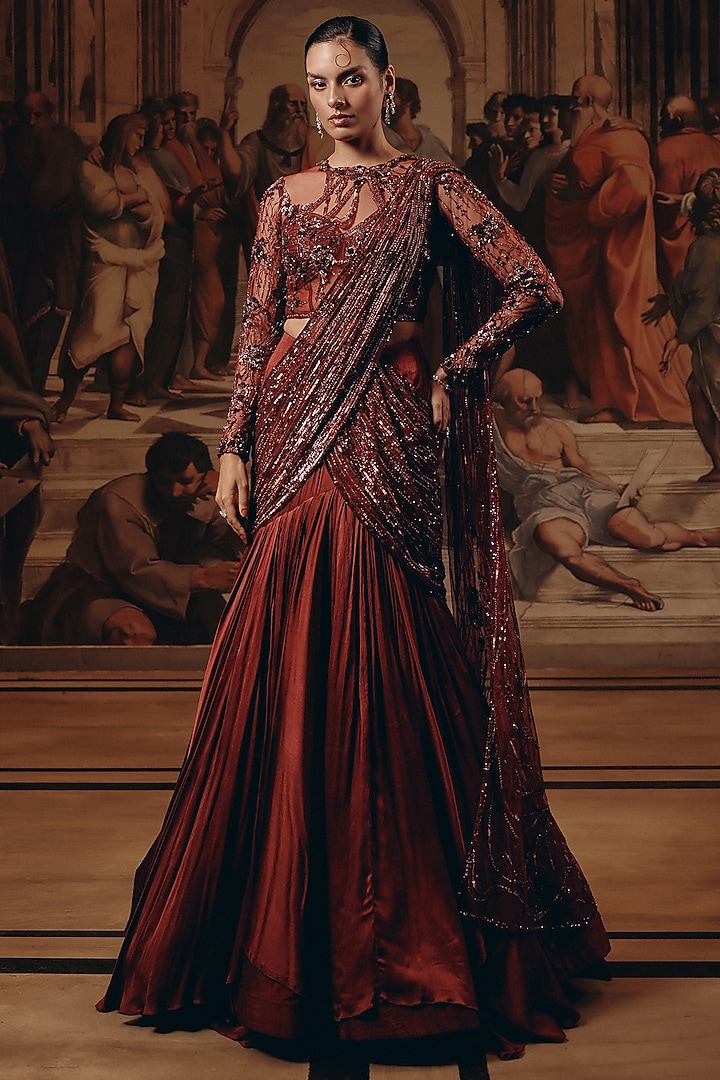 Burgundy Net & Satin Chiffon Embroidered Draped Reception Saree by Adaara Couture at Pernia's Pop Up Shop
