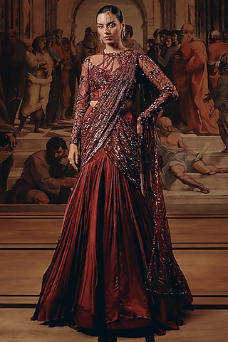 Burgundy Net & Satin Chiffon Embroidered Draped Saree by Adaara Couture