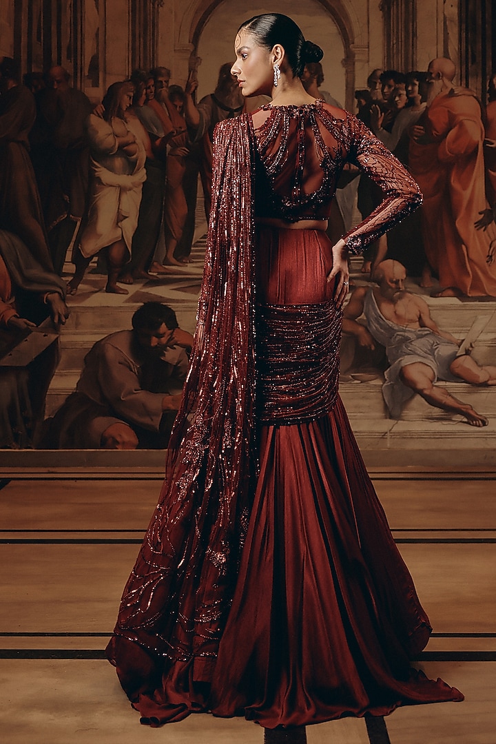 Burgundy Net & Satin Chiffon Embroidered Draped Reception Saree by Adaara Couture at Pernia's Pop Up Shop