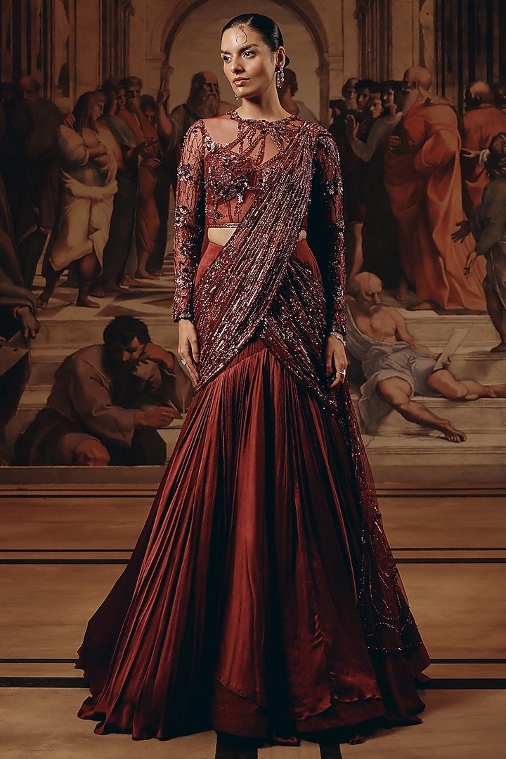 Burgundy Net & Satin Chiffon Embroidered Draped Reception Saree by Adaara Couture at Pernia's Pop Up Shop