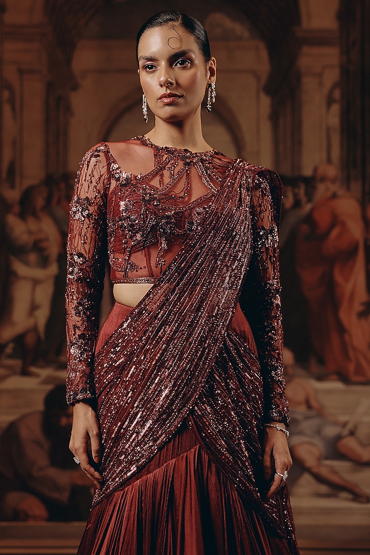 Burgundy Net & Satin Chiffon Embroidered Draped Reception Saree by Adaara Couture at Pernia's Pop Up Shop