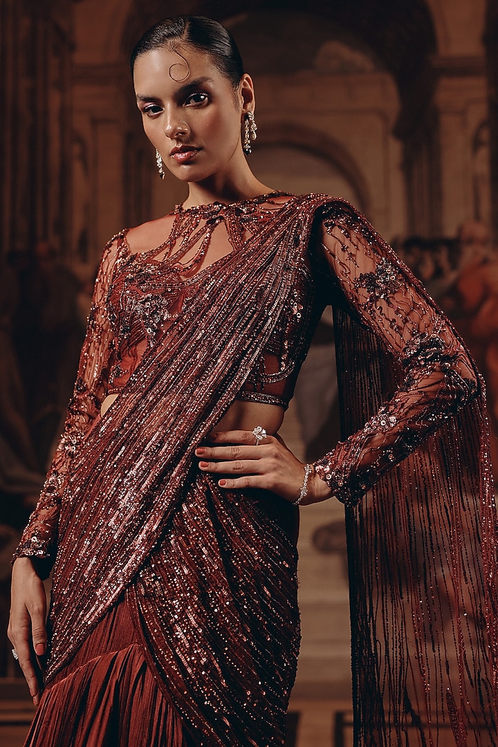 Burgundy Net & Satin Chiffon Embroidered Draped Reception Saree by Adaara Couture at Pernia's Pop Up Shop