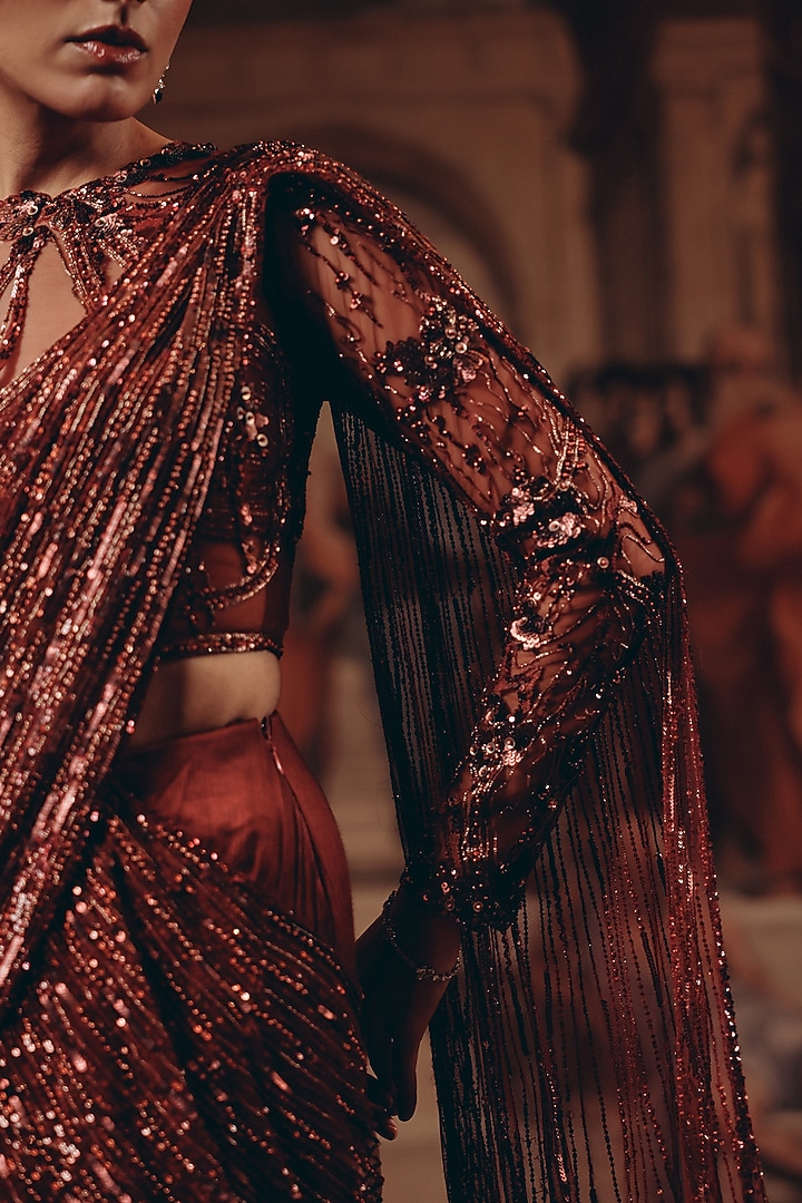 Burgundy Net & Satin Chiffon Embroidered Draped Reception Saree by Adaara Couture at Pernia's Pop Up Shop