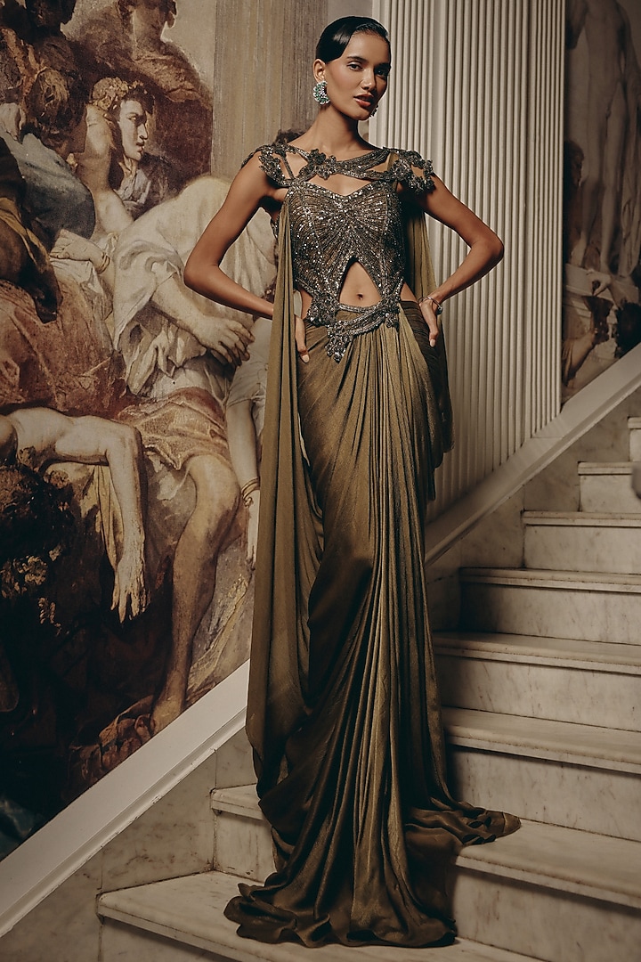 Olive Net & Satin Chiffon Embroidered Draped Wedding Saree by Adaara Couture at Pernia's Pop Up Shop