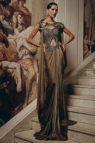 Olive Net & Satin Chiffon Embroidered Draped Saree by Adaara Couture