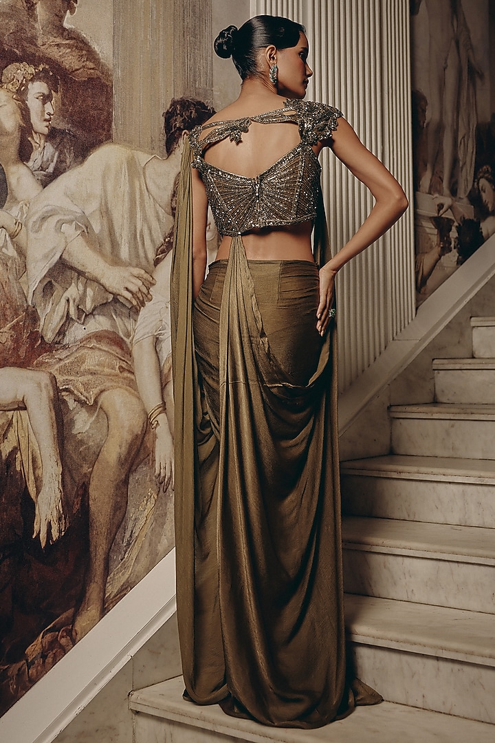 Olive Net & Satin Chiffon Embroidered Draped Wedding Saree by Adaara Couture at Pernia's Pop Up Shop
