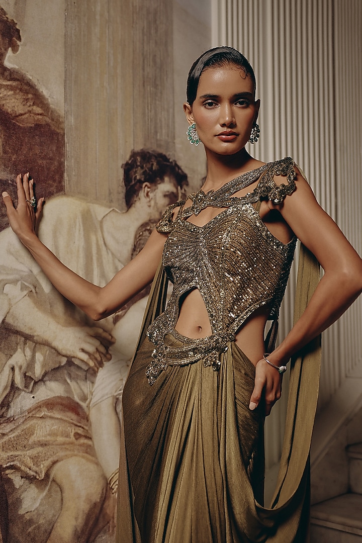 Olive Net & Satin Chiffon Embroidered Draped Wedding Saree by Adaara Couture at Pernia's Pop Up Shop