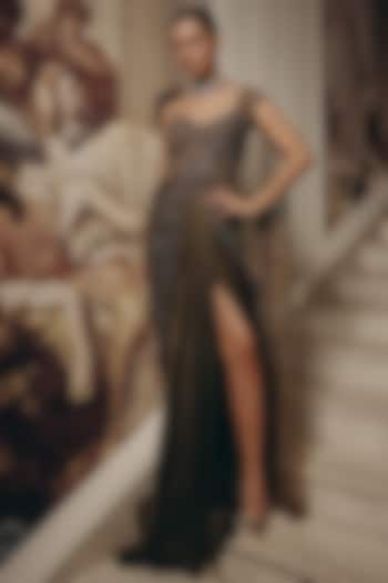 Olive Net & Satin Chiffon Embroidered Draped Reception Saree by Adaara Couture at Pernia's Pop Up Shop