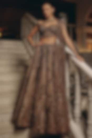 Olive Net & Satin Embroidered Bridal Lehenga Set by Adaara Couture at Pernia's Pop Up Shop