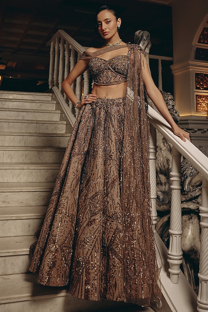 Olive Net & Satin Embroidered Bridal Lehenga Set by Adaara Couture at Pernia's Pop Up Shop