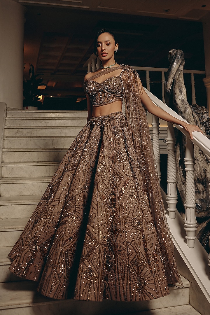 Olive Net & Satin Embroidered Bridal Lehenga Set by Adaara Couture at Pernia's Pop Up Shop