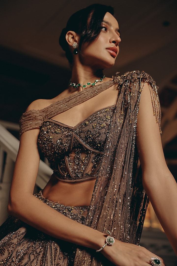 Olive Net & Satin Embroidered Bridal Lehenga Set by Adaara Couture at Pernia's Pop Up Shop