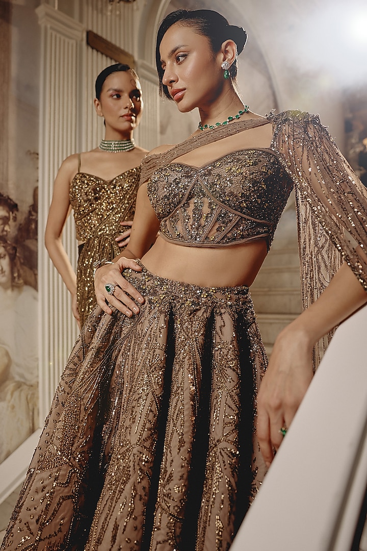 Olive Net & Satin Embroidered Bridal Lehenga Set by Adaara Couture at Pernia's Pop Up Shop